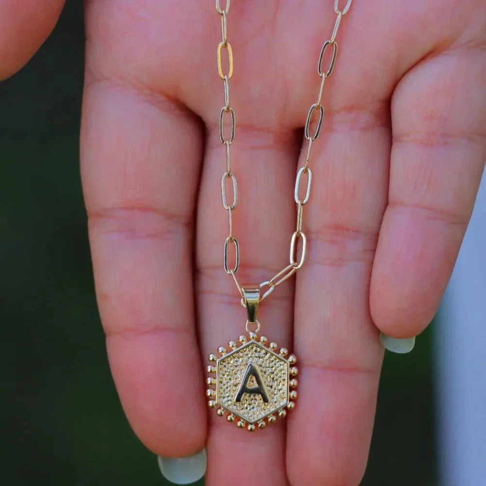2 LAYER GOLD LETTER INITIAL COIN HEXAGONAL PENDANT DAINTY NECKLACE, ELDM22335 - Picture 7 of 13